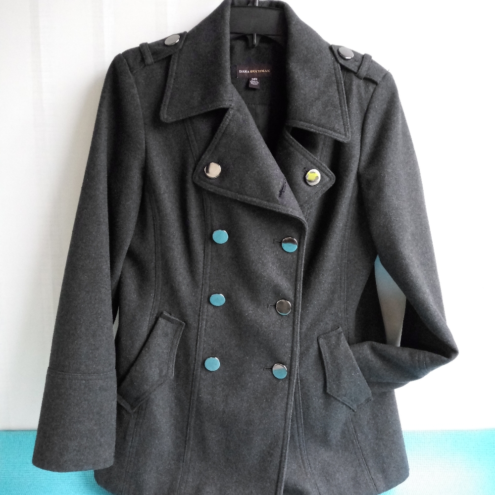 DANA BUCHMAN Pea Coat Jacket Double Breasted Gray Size M